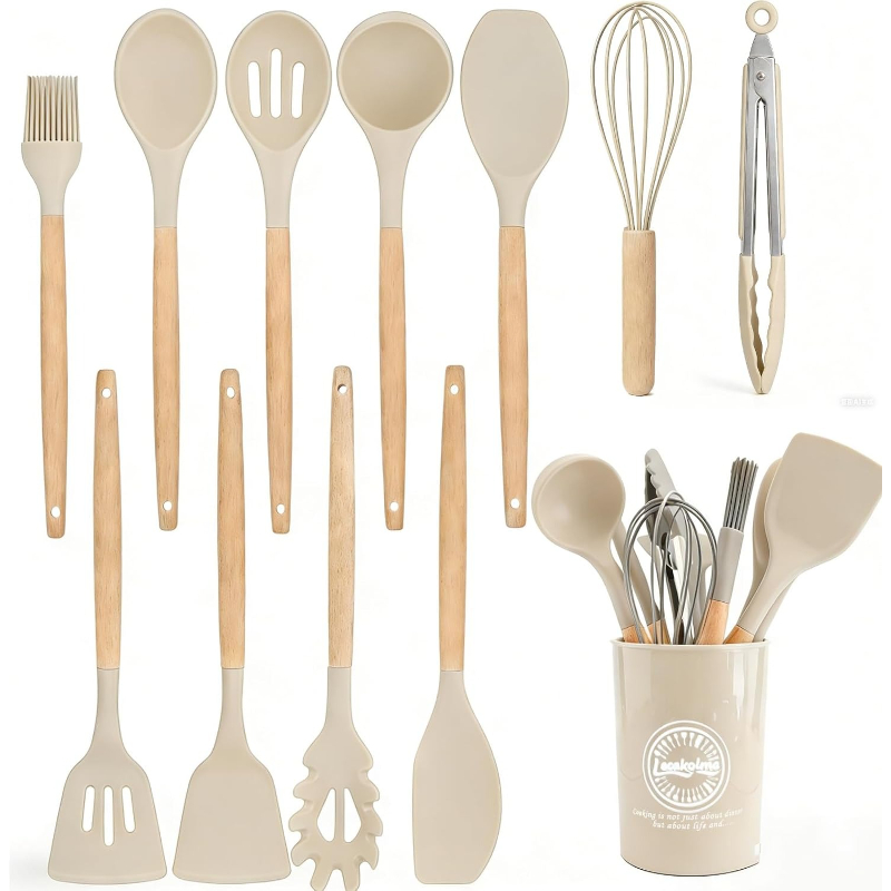 Wooden Handle Silicone Kitchen - Home Cooking Utensil Set review and price